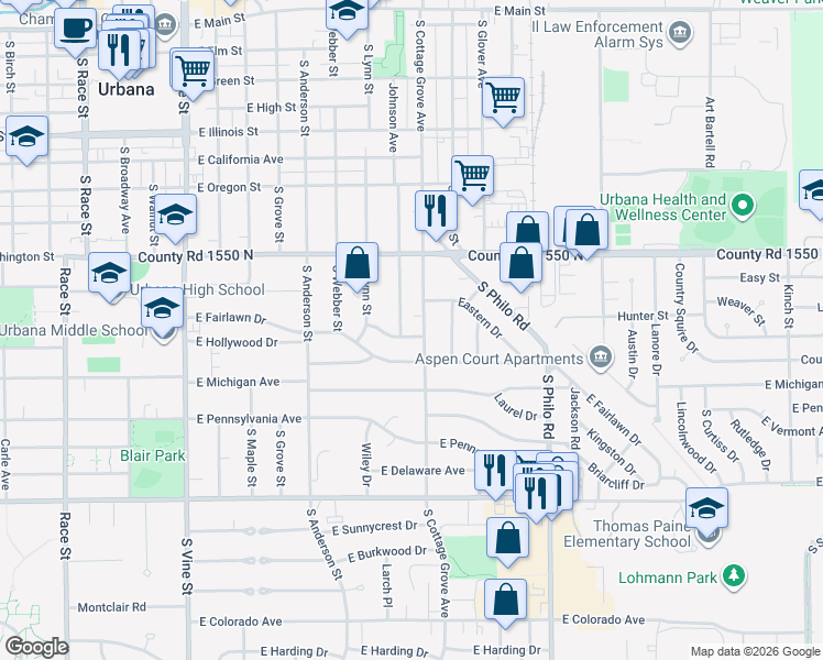 map of restaurants, bars, coffee shops, grocery stores, and more near 1012 South Cottage Grove Avenue in Urbana
