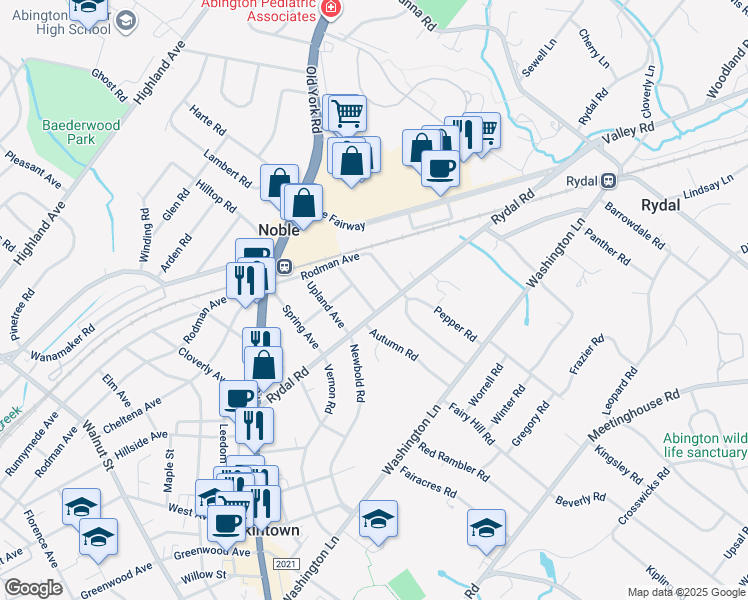 map of restaurants, bars, coffee shops, grocery stores, and more near 1511 Grove Avenue in Jenkintown