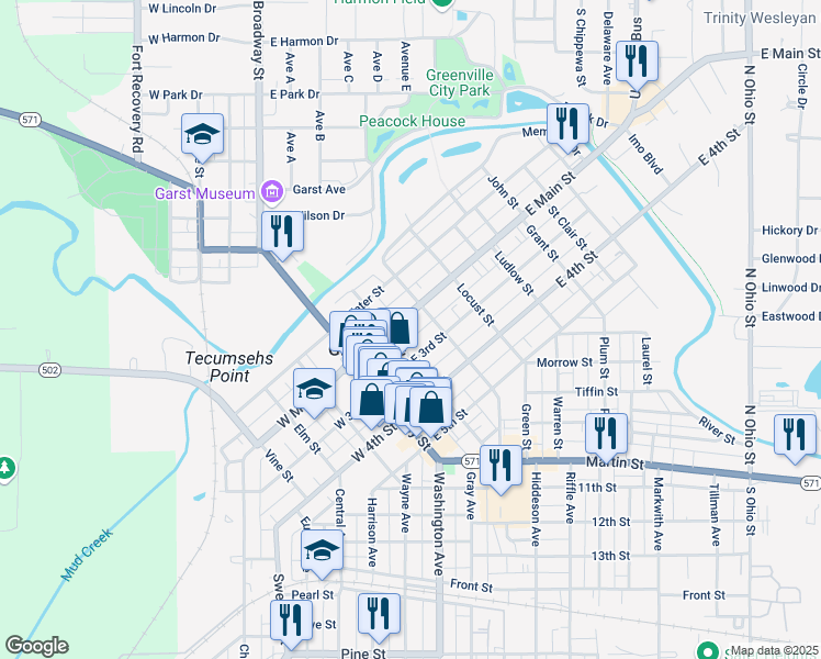 map of restaurants, bars, coffee shops, grocery stores, and more near 228 East Main Street in Greenville