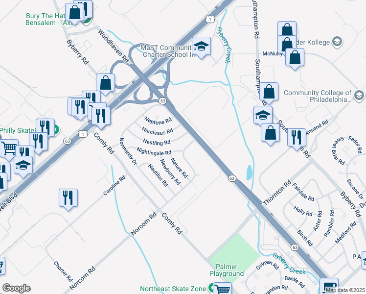 map of restaurants, bars, coffee shops, grocery stores, and more near 2846 Norcom Road in Philadelphia