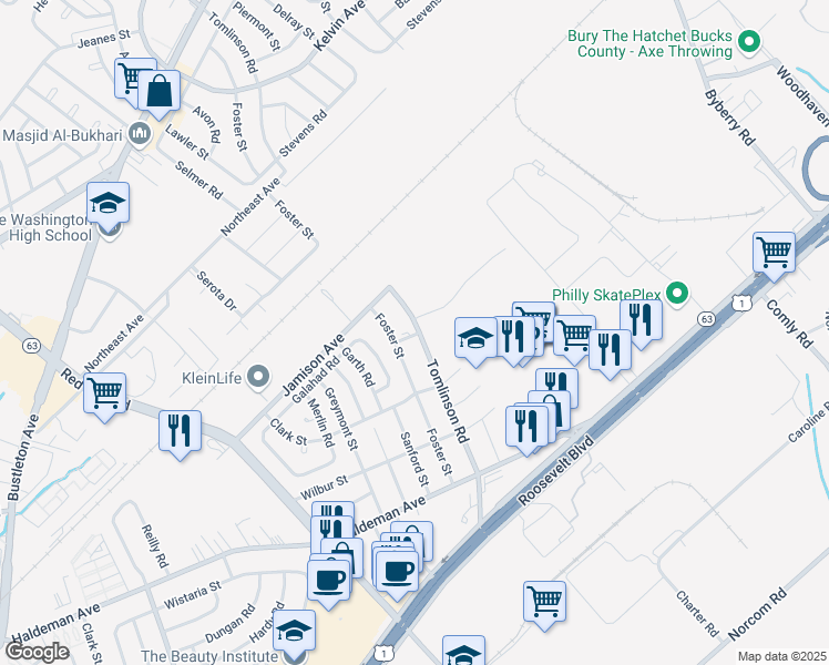 map of restaurants, bars, coffee shops, grocery stores, and more near 1780 Saint Thomas Drive in Philadelphia