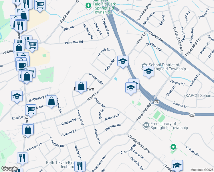 map of restaurants, bars, coffee shops, grocery stores, and more near in Flourtown