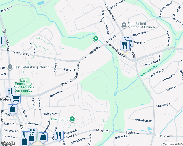 map of restaurants, bars, coffee shops, grocery stores, and more near 904 Founders Way in East Petersburg