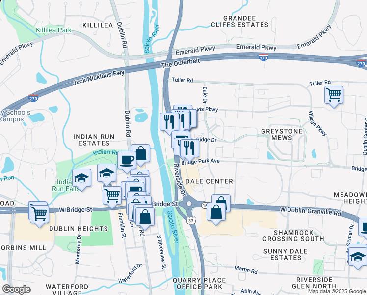 map of restaurants, bars, coffee shops, grocery stores, and more near 6741 Longshore Street in Dublin