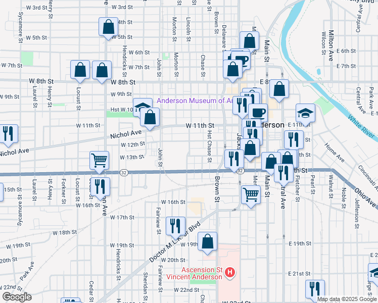 map of restaurants, bars, coffee shops, grocery stores, and more near 329 West 12th Street in Anderson