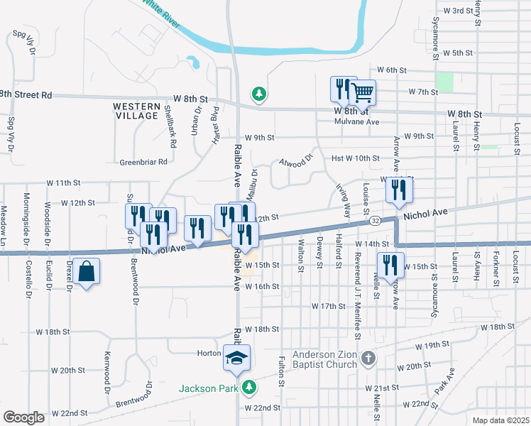 map of restaurants, bars, coffee shops, grocery stores, and more near 1120 Malibu Drive in Anderson