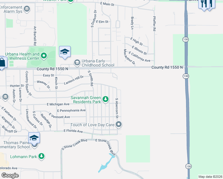 map of restaurants, bars, coffee shops, grocery stores, and more near 1008 South Smith Road in Urbana