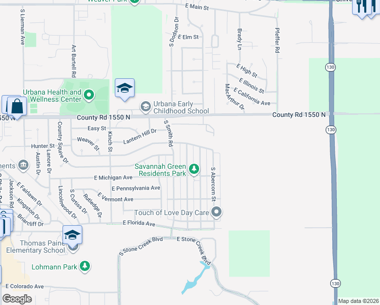 map of restaurants, bars, coffee shops, grocery stores, and more near 1004 South Smith Road in Urbana