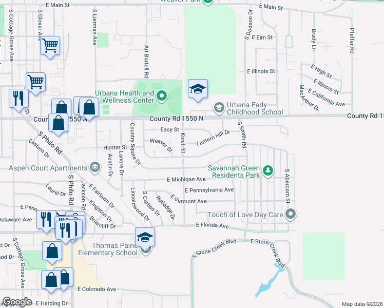 map of restaurants, bars, coffee shops, grocery stores, and more near 2107 Lantern Hill Drive in Urbana