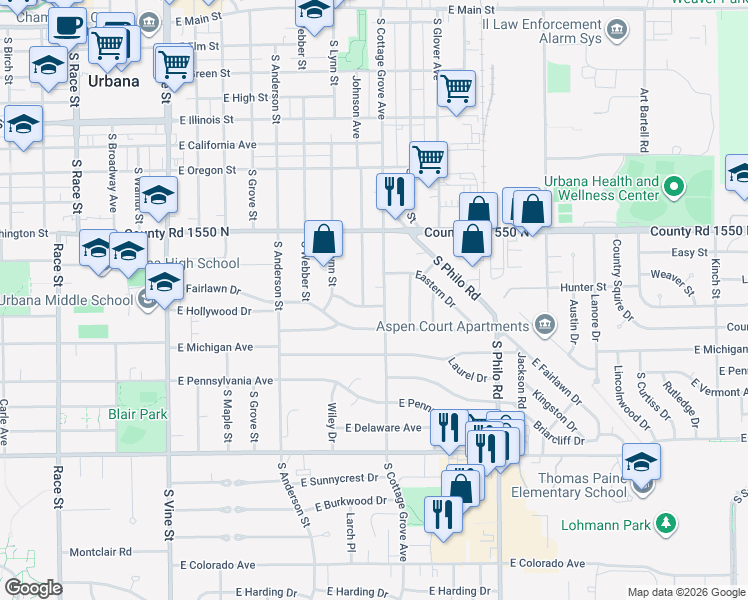 map of restaurants, bars, coffee shops, grocery stores, and more near 1012 South Cottage Grove Avenue in Urbana