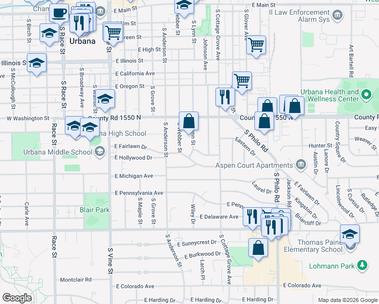 map of restaurants, bars, coffee shops, grocery stores, and more near 1010 South Webber Street in Urbana