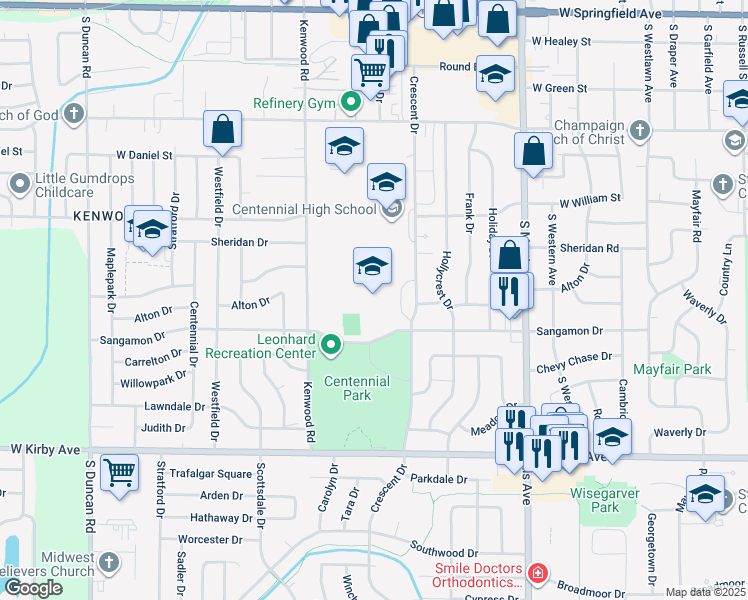 map of restaurants, bars, coffee shops, grocery stores, and more near 1047-1115 Crescent Drive in Champaign