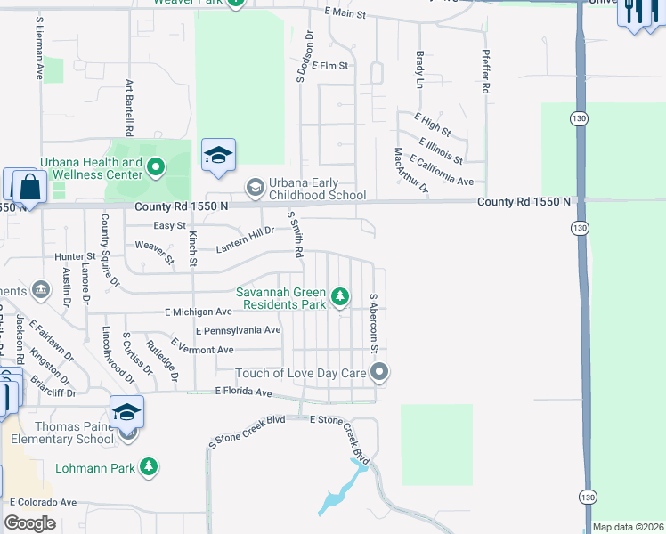 map of restaurants, bars, coffee shops, grocery stores, and more near 1004 South Smith Road in Urbana
