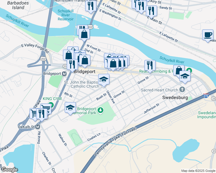 map of restaurants, bars, coffee shops, grocery stores, and more near 494 Ford Street in Bridgeport