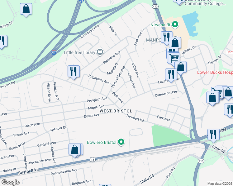 map of restaurants, bars, coffee shops, grocery stores, and more near 2922 Lawnton Avenue in Bristol