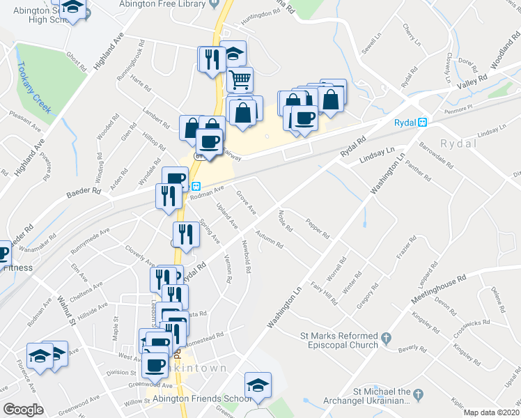 map of restaurants, bars, coffee shops, grocery stores, and more near 1511 Grove Avenue in Jenkintown