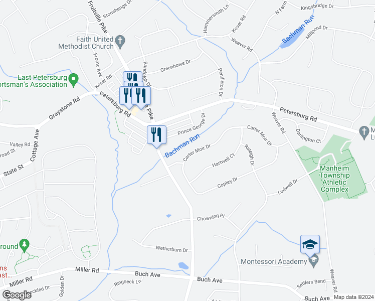 map of restaurants, bars, coffee shops, grocery stores, and more near 395 Carter Moir Drive in Lancaster