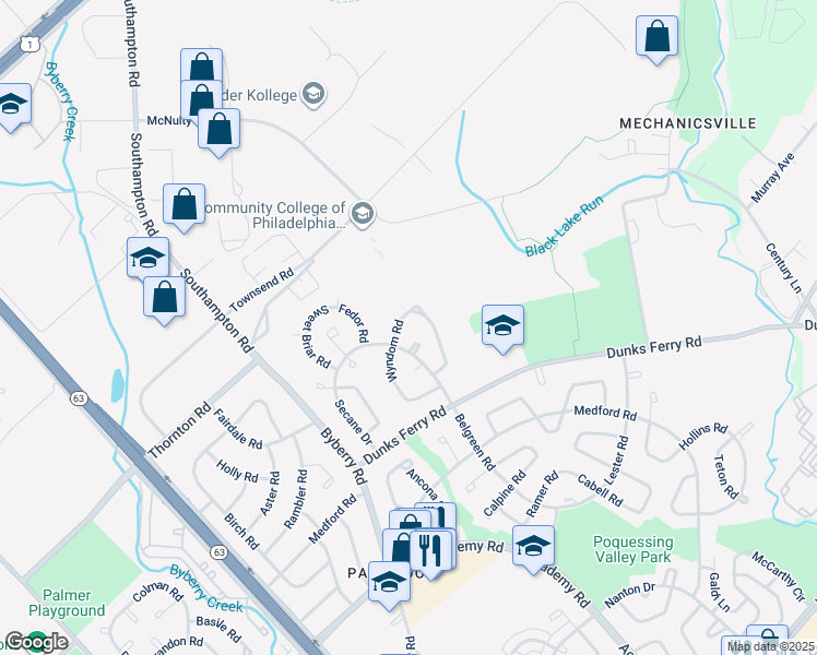 map of restaurants, bars, coffee shops, grocery stores, and more near 12417 Wyndom Road in Philadelphia