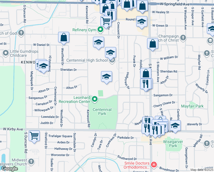 map of restaurants, bars, coffee shops, grocery stores, and more near 1115 Crescent Drive in Champaign