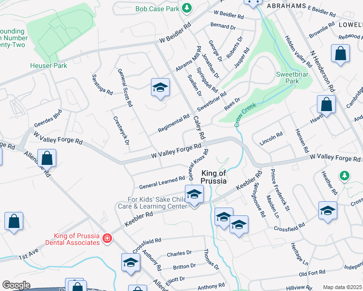 map of restaurants, bars, coffee shops, grocery stores, and more near 436 West Valley Forge Road in King of Prussia