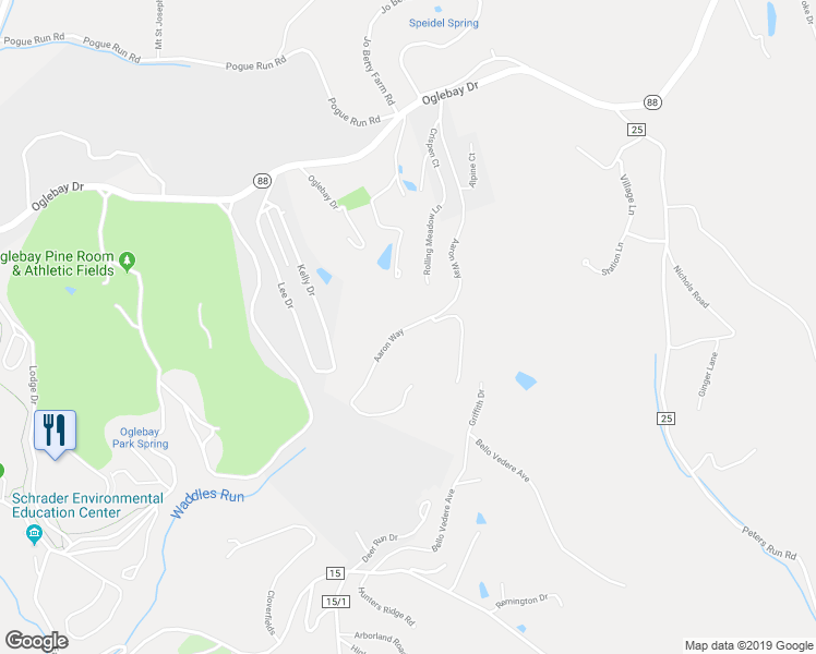 map of restaurants, bars, coffee shops, grocery stores, and more near 28 Aaron Way in Wheeling