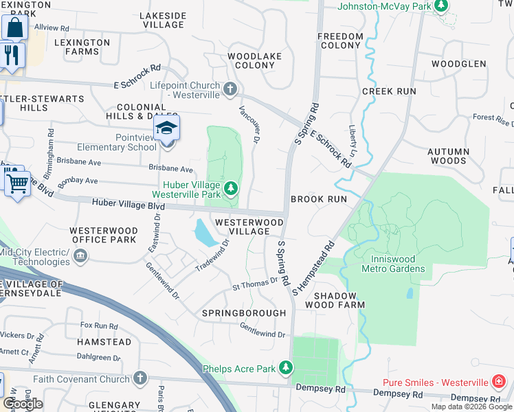 map of restaurants, bars, coffee shops, grocery stores, and more near 762 Vancouver Drive in Westerville