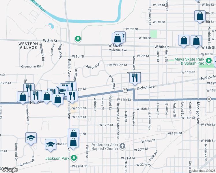 map of restaurants, bars, coffee shops, grocery stores, and more near 2007 West 12th Street in Anderson