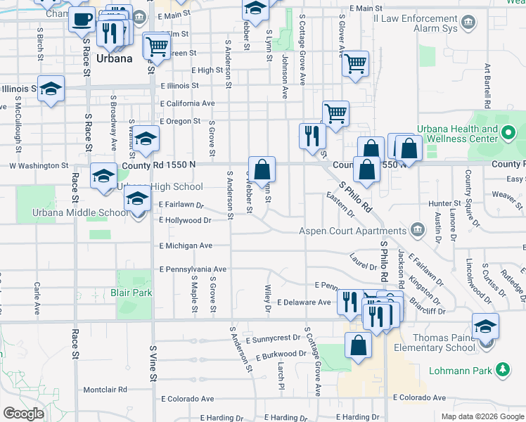 map of restaurants, bars, coffee shops, grocery stores, and more near 1010 South Webber Street in Urbana