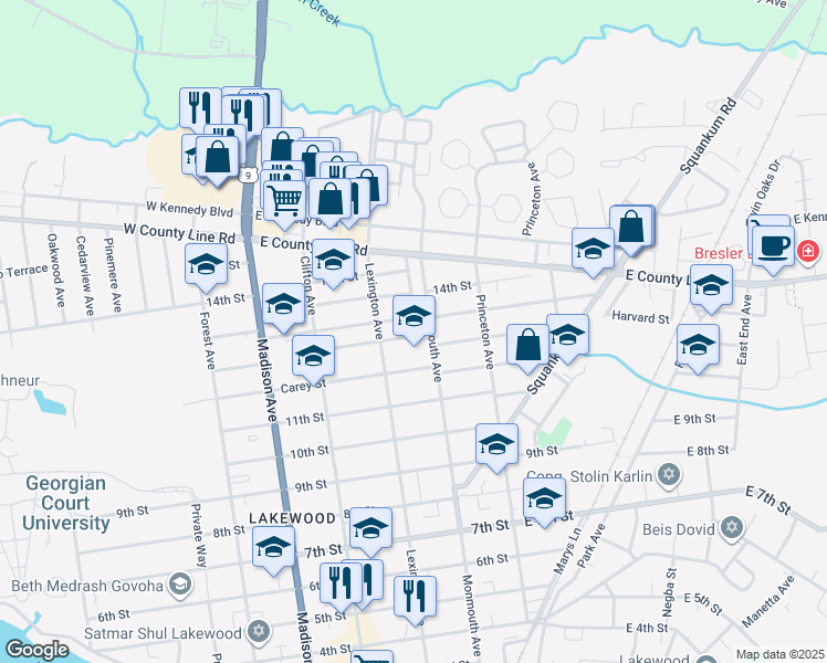 map of restaurants, bars, coffee shops, grocery stores, and more near 1400 Monmouth Avenue in Lakewood