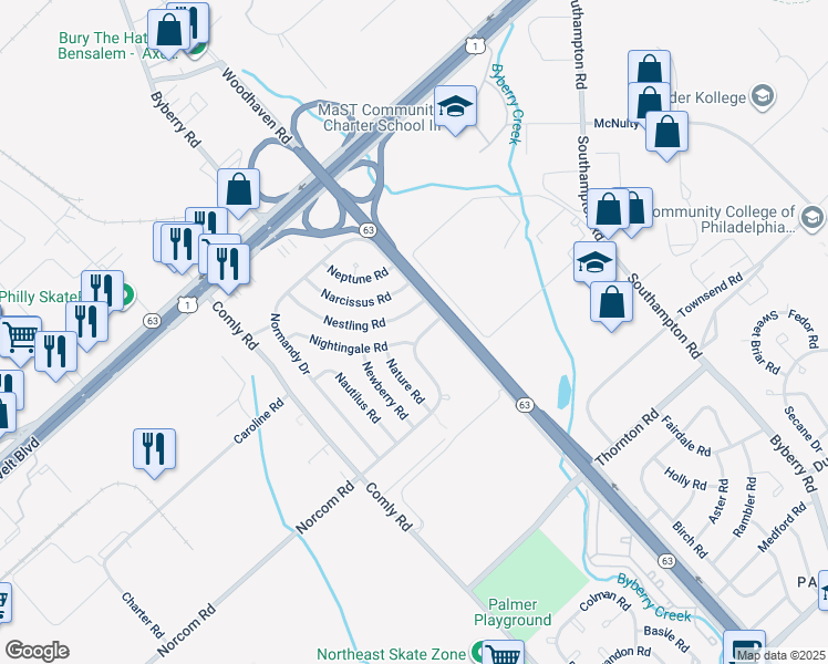 map of restaurants, bars, coffee shops, grocery stores, and more near 2846 Norcom Road in Philadelphia