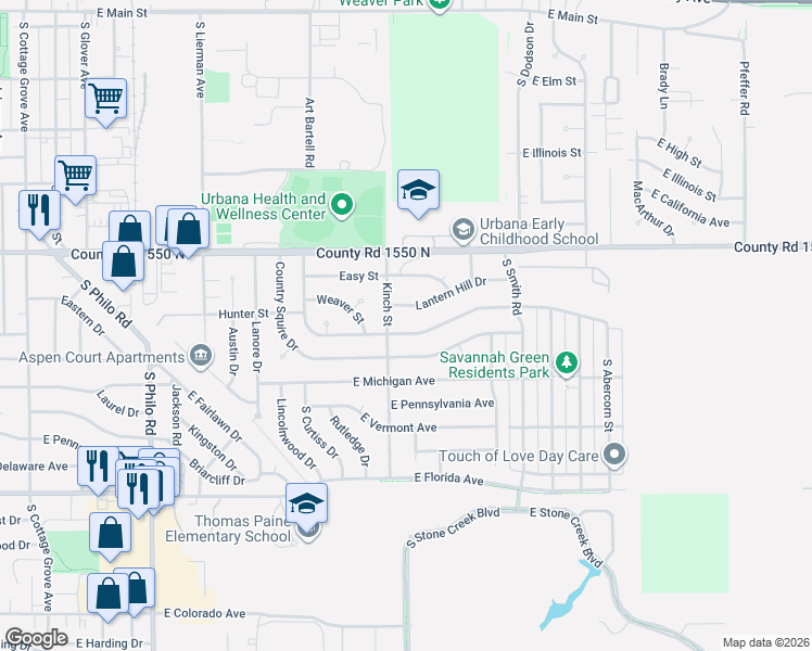 map of restaurants, bars, coffee shops, grocery stores, and more near 2107 Lantern Hill Drive in Urbana