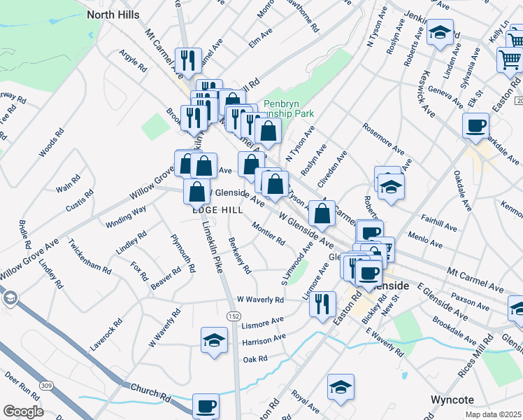 map of restaurants, bars, coffee shops, grocery stores, and more near 408 West Glenside Avenue in Glenside