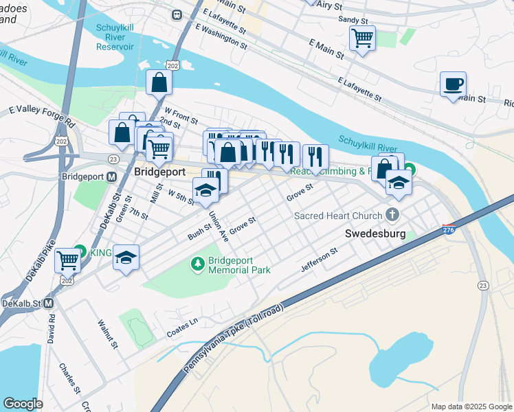 map of restaurants, bars, coffee shops, grocery stores, and more near 446 Bush Street in Bridgeport