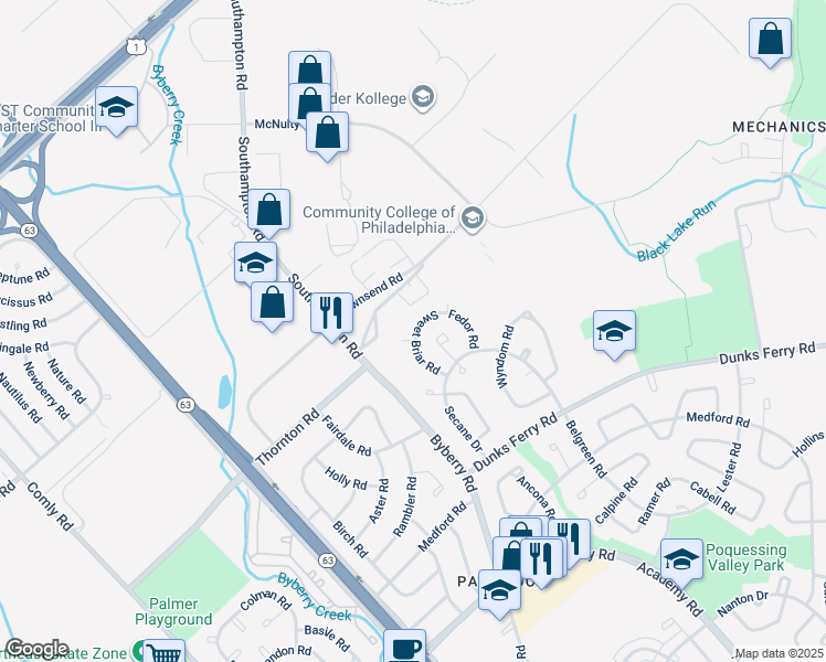map of restaurants, bars, coffee shops, grocery stores, and more near 12470 Sweet Briar Place in Philadelphia
