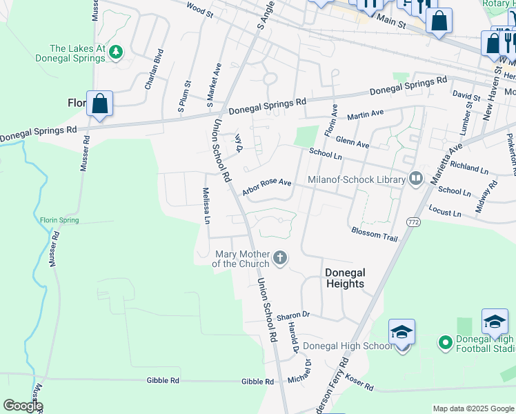 map of restaurants, bars, coffee shops, grocery stores, and more near 616 Rose Petal Lane in Mount Joy