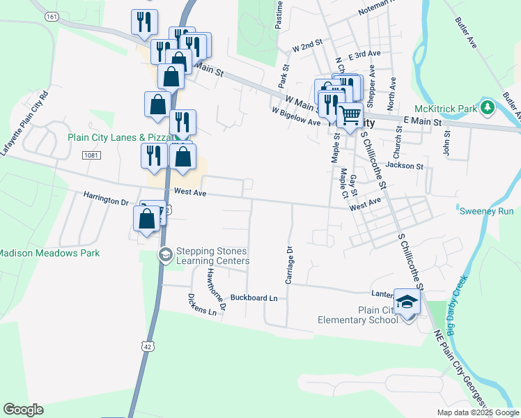 map of restaurants, bars, coffee shops, grocery stores, and more near 355 West Avenue in Plain City