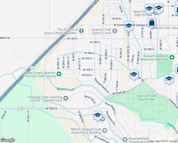 map of restaurants, bars, coffee shops, grocery stores, and more near 1055 West 450 South in Spanish Fork