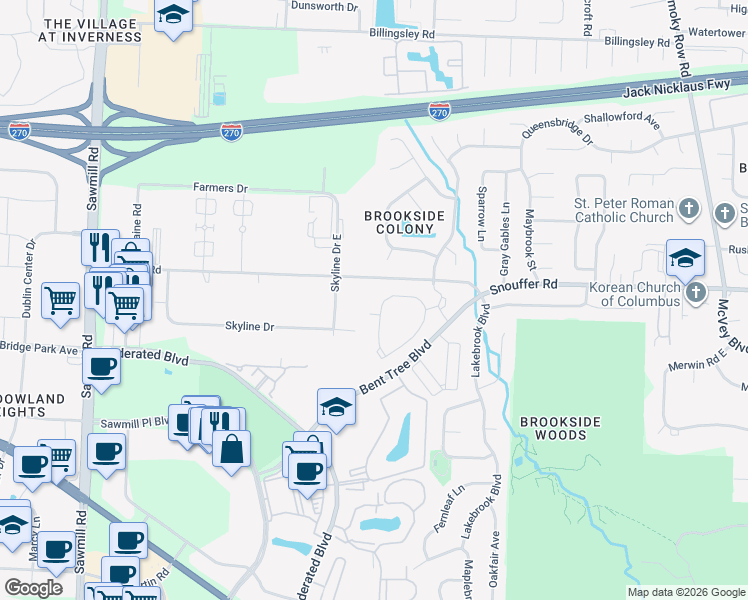 map of restaurants, bars, coffee shops, grocery stores, and more near 2130 Bentwood Circle in Columbus