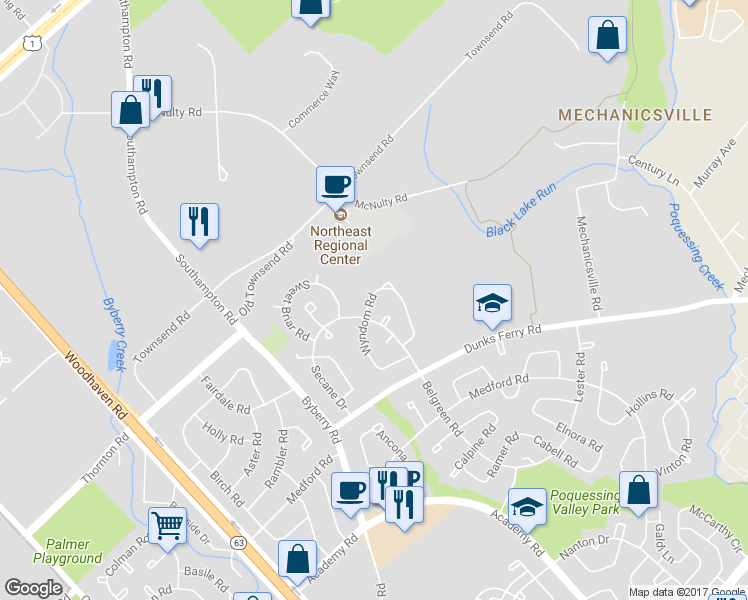 map of restaurants, bars, coffee shops, grocery stores, and more near 12417 Wyndom Road in Philadelphia