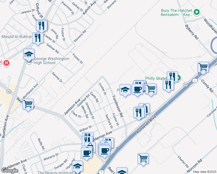 map of restaurants, bars, coffee shops, grocery stores, and more near 1780 Saint Thomas Drive in Philadelphia