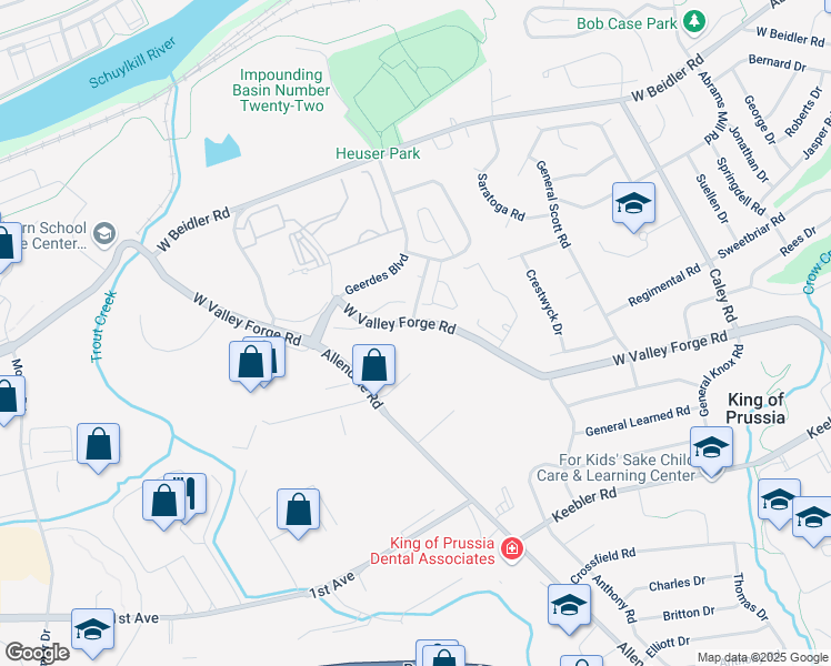 map of restaurants, bars, coffee shops, grocery stores, and more near 619 Fawn Circle in King of Prussia
