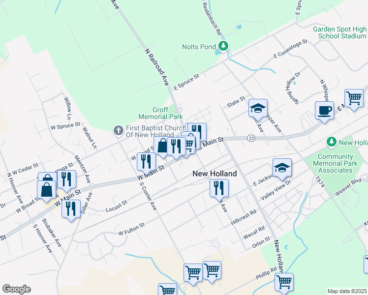 map of restaurants, bars, coffee shops, grocery stores, and more near 12 North Railroad Avenue in New Holland