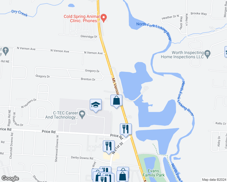 map of restaurants, bars, coffee shops, grocery stores, and more near 1755 Mount Vernon Road in Newark