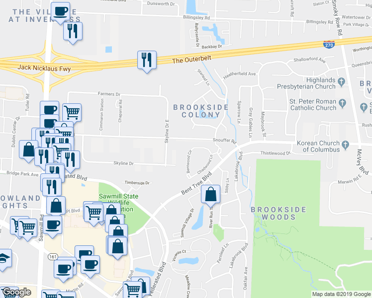 map of restaurants, bars, coffee shops, grocery stores, and more near 2130 Bentwood Circle in Columbus