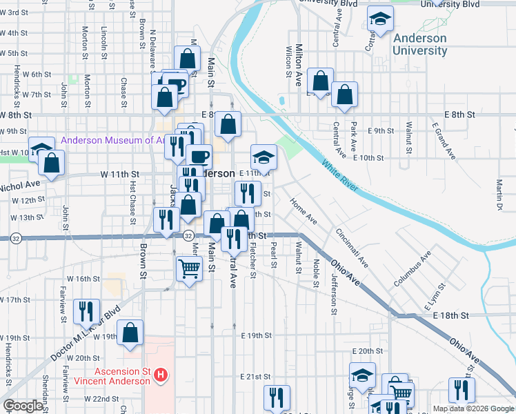 map of restaurants, bars, coffee shops, grocery stores, and more near 319 East 12th Street in Anderson