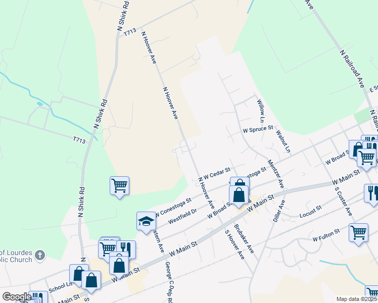 map of restaurants, bars, coffee shops, grocery stores, and more near 323 North Hoover Avenue in New Holland