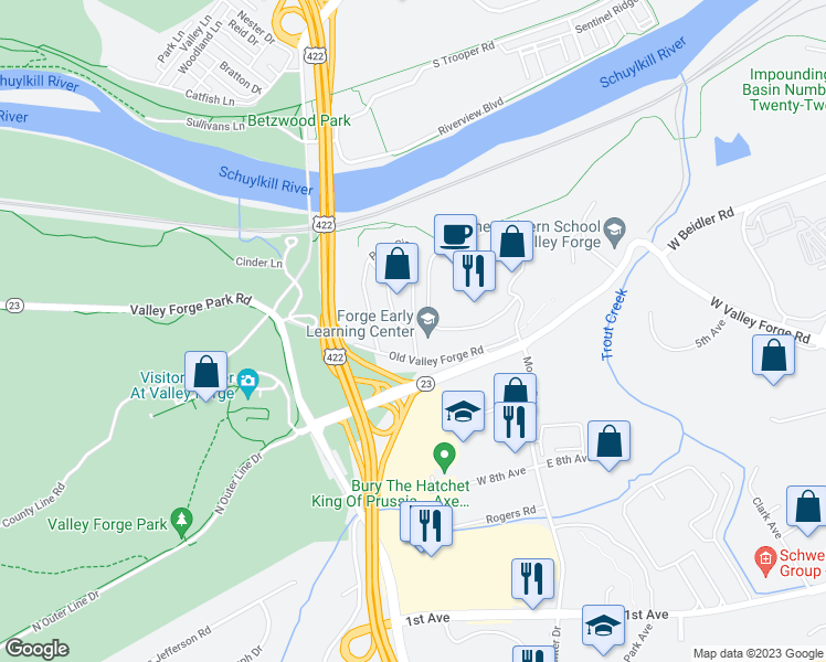 map of restaurants, bars, coffee shops, grocery stores, and more near 1001 Penn Circle in King of Prussia