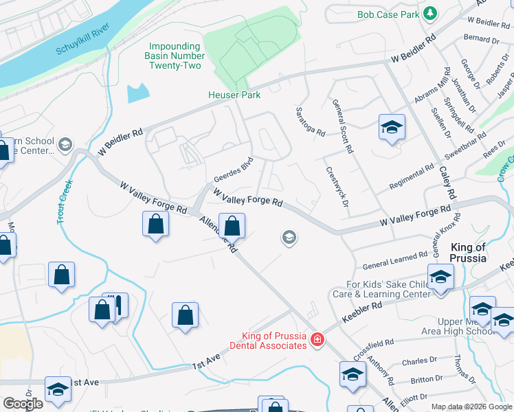 map of restaurants, bars, coffee shops, grocery stores, and more near 619 Fawn Circle in King of Prussia