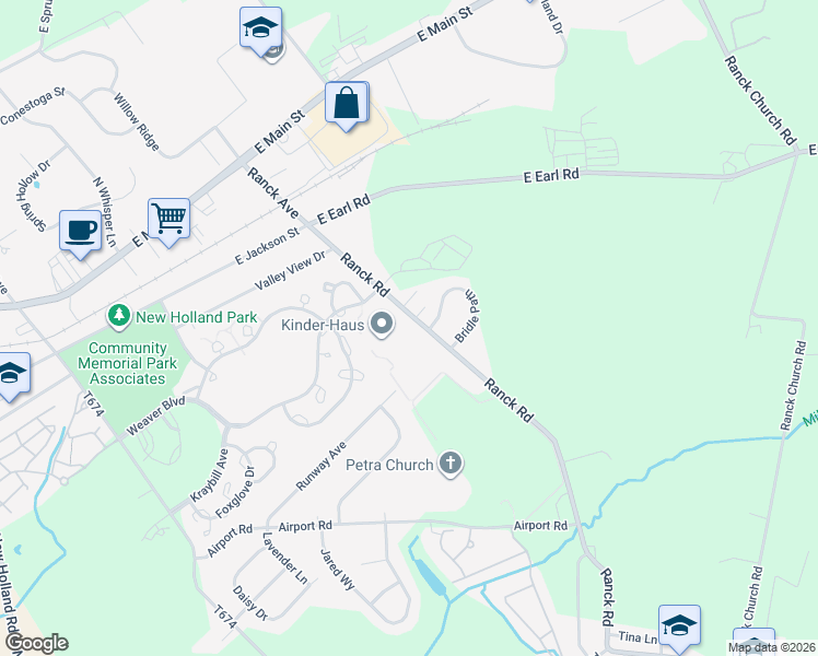 map of restaurants, bars, coffee shops, grocery stores, and more near 437 Ranck Road in New Holland