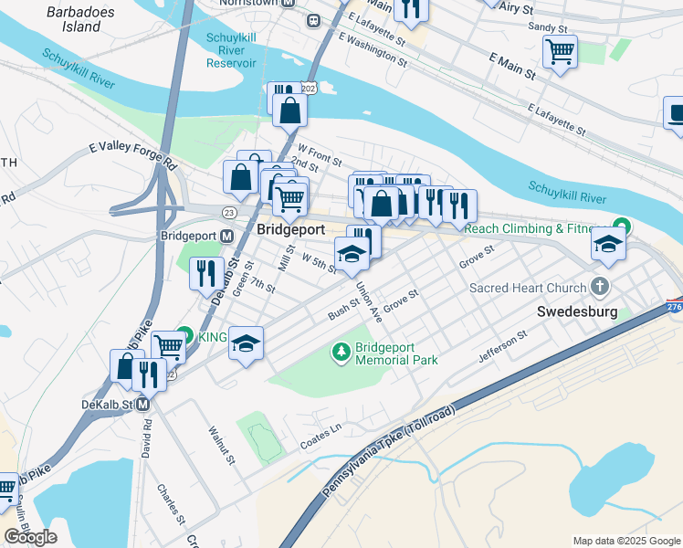map of restaurants, bars, coffee shops, grocery stores, and more near 11 West 5th Street in Bridgeport